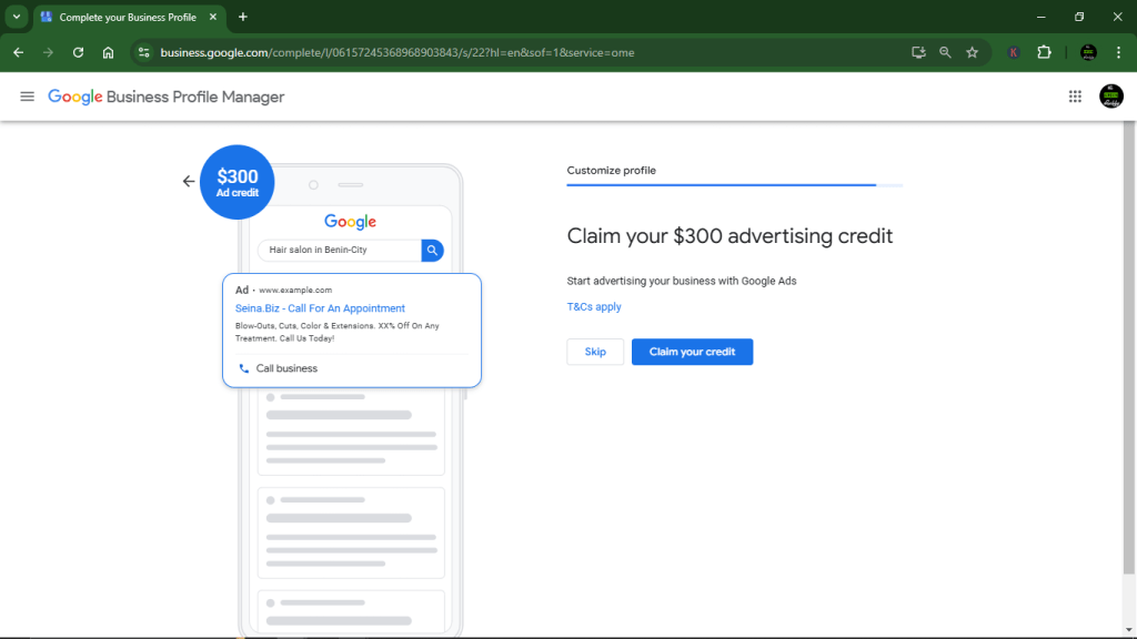 Customising Google Business Profile: Claim ad credit