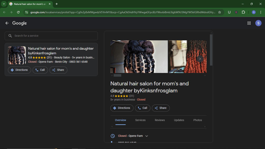 Hair Salon A (Google Business Profile)