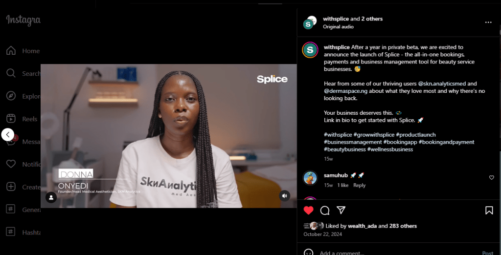 Splice customer testimonial / SKN.Analytics/Social Media Post Ideas For Salons
